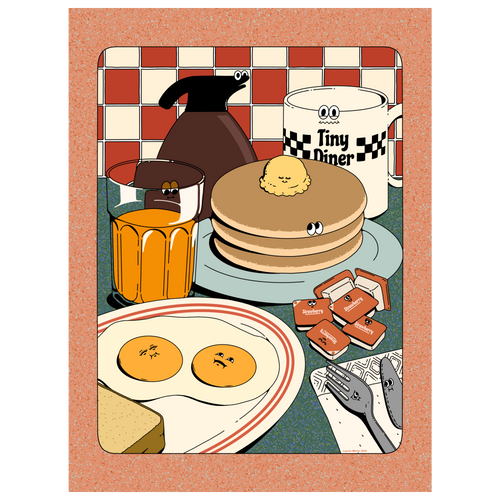 Diner scene with fried eggs, pancakes with butter, packets of strawberry jam, a glass of orange juice, a pot of coffee and a mug that reads 